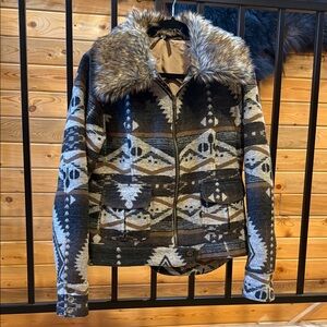 Stetson Geometric Pattern Bomber Jacket with Fur Collar